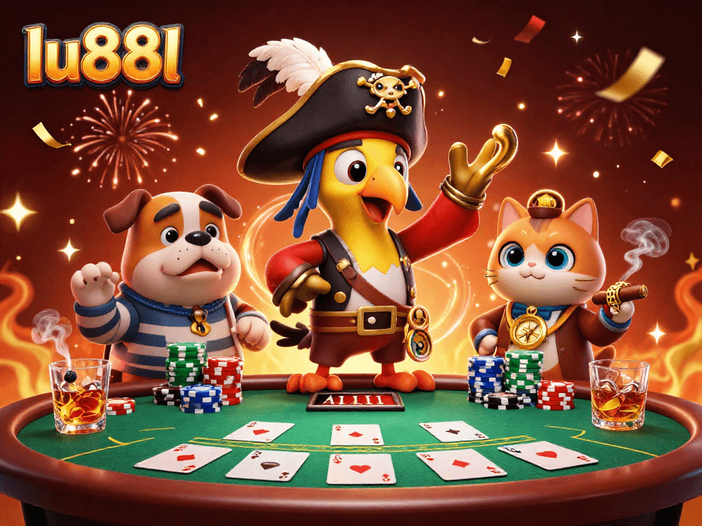 Enjoy thrilling poker adventures with lu88l in this lively 3D casino scene featuring colorful chips and characters.