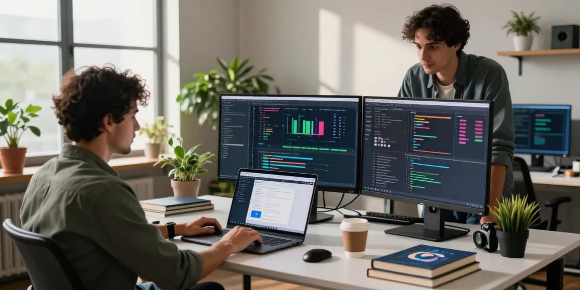 Team collaboration using the Telegram Web Version in a modern workspace with coding session and analytics.