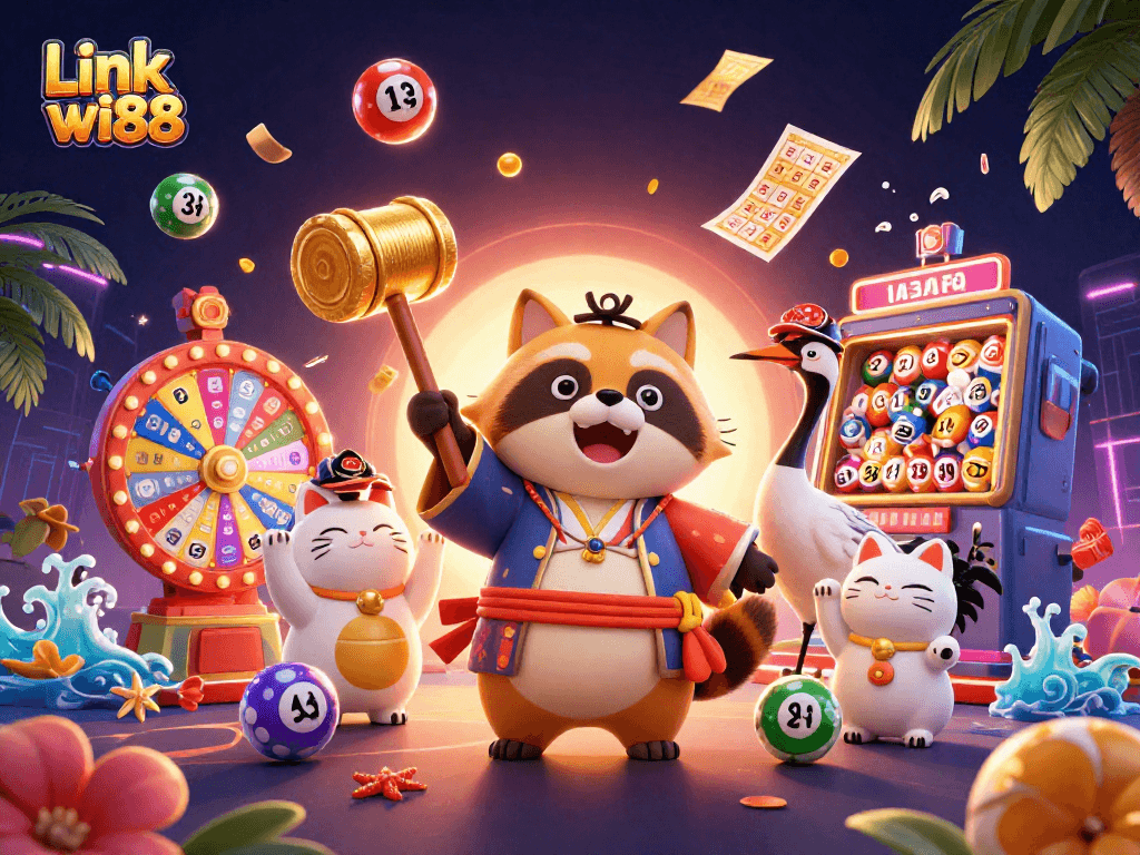 Experience excitement with Link wi88 in an engaging 3D illustration showcasing a cheerful tanuki, colorful lottery elements, and dynamic casino vibes.