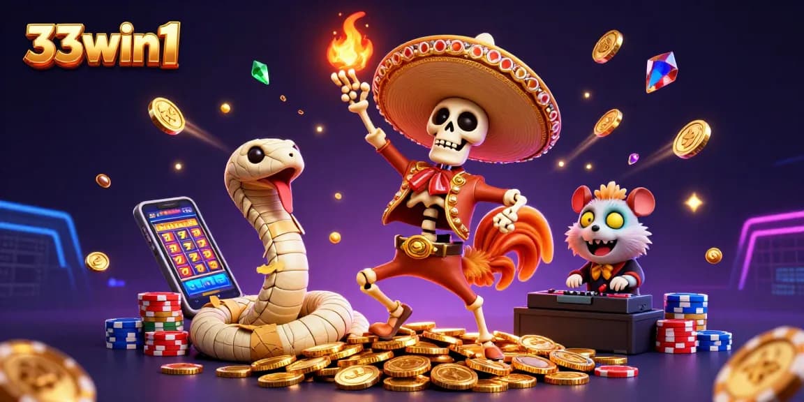 Experience the fun of 33win1 with vibrant characters dancing amidst a burst of casino excitement.