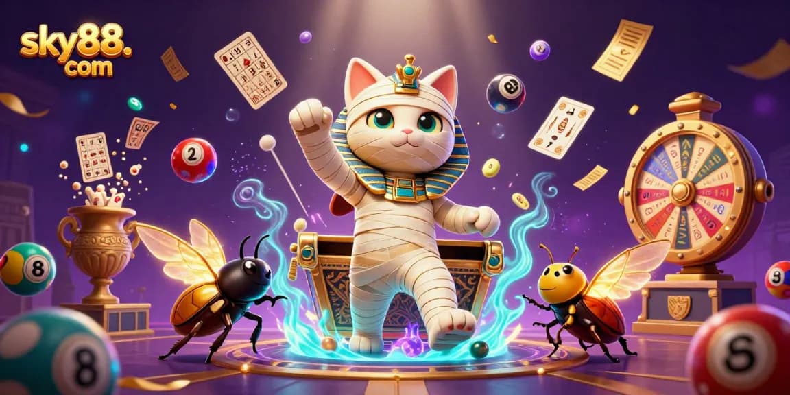Win big at sky88. com with an exciting illustration of an Egyptian mummy cat and casino elements!