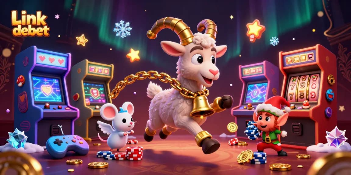 Engage with Link debet in a festive casino scene featuring Krampus and playful characters.