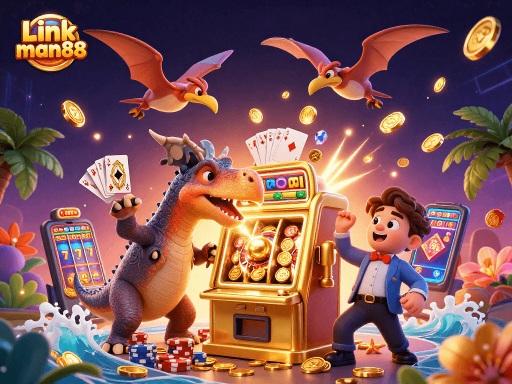 Experience jackpot excitement with Link man88 as a dinosaur celebrates winning coins in a vibrant casino scene.