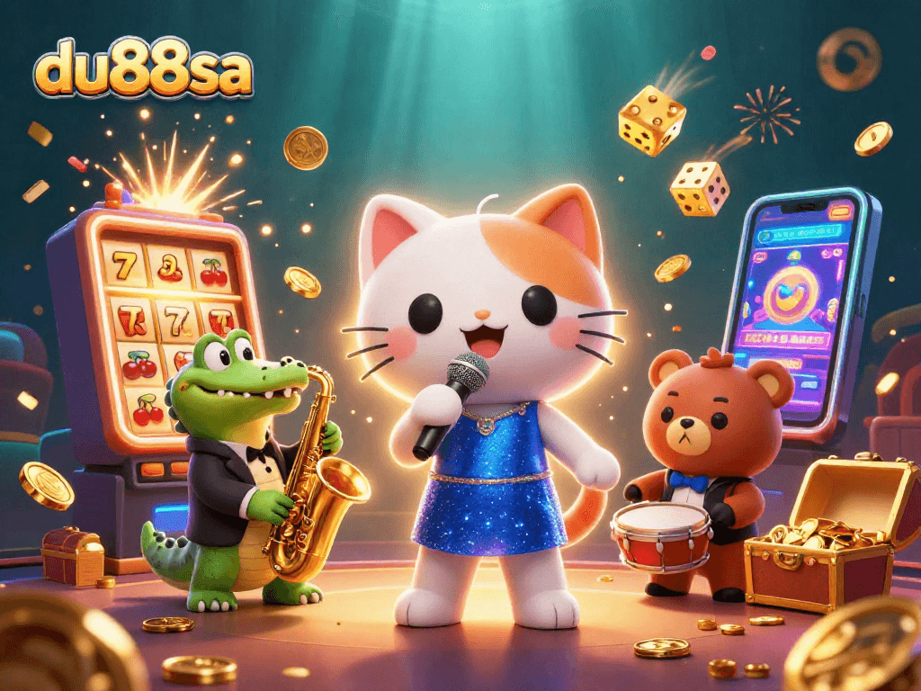 Celebrate big wins at du88sa with lively casino characters in a vibrant gaming scene.