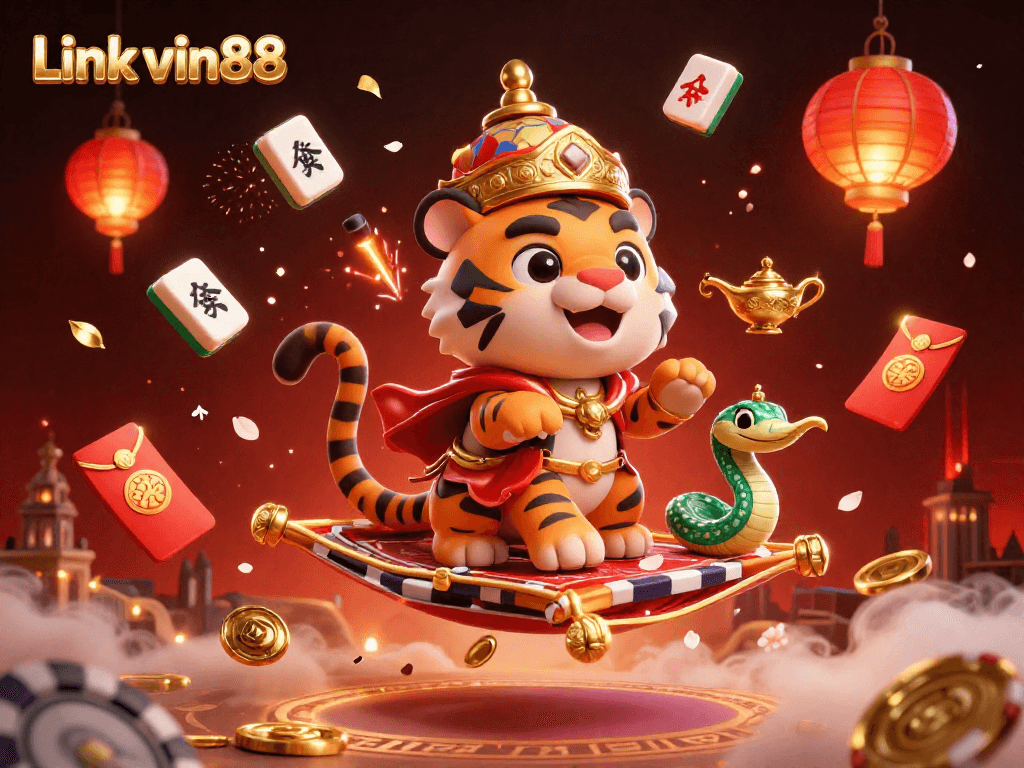 Bet on exciting games at Link vin88 with a vibrant 3D illustration of a tiger sultan, poker chips, and dynamic casino elements.