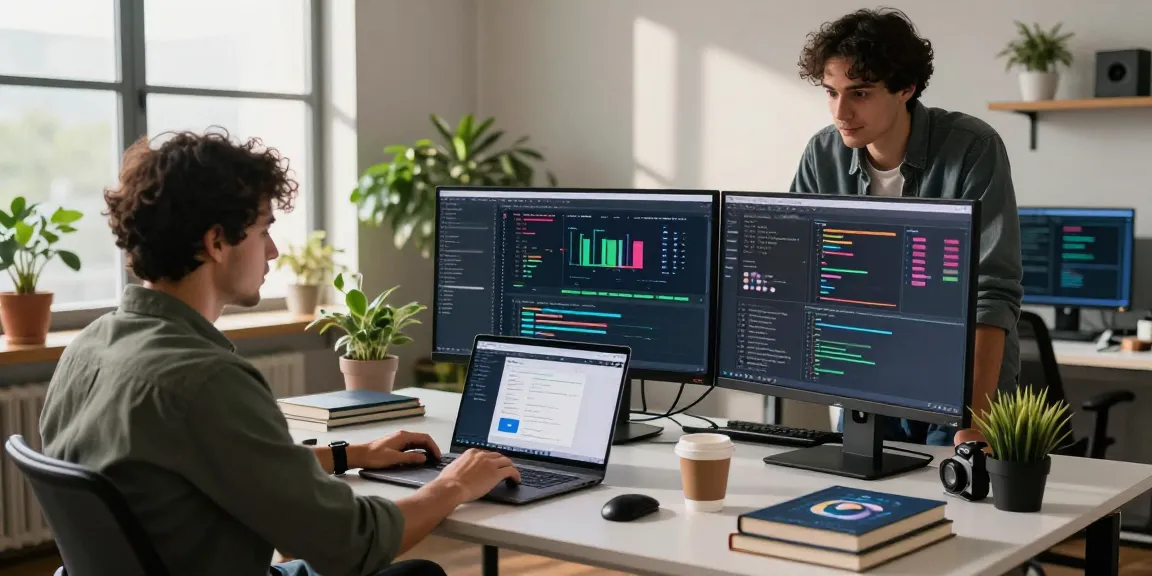Team collaboration using the Telegram Web Version in a modern workspace with coding session and analytics.