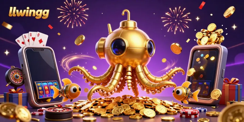 Experience thrilling gameplay with llwingg featuring a golden kraken submarine and casino elements.