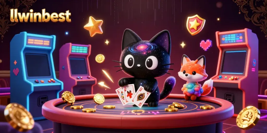 Engage with llwinbest's cosmic casino experience, featuring a black hole cat and colorful gas fox amidst glowing arcade game elements.