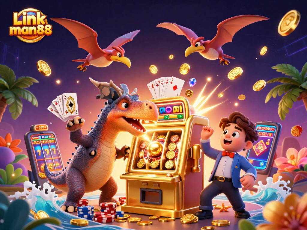 Experience jackpot excitement with Link man88 as a dinosaur celebrates winning coins in a vibrant casino scene.
