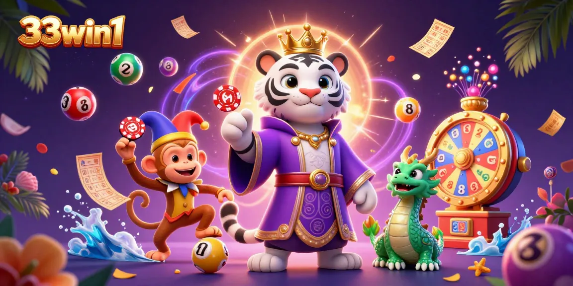 Engage with 33win1's exciting lottery scene featuring colorful elements and dynamic characters.