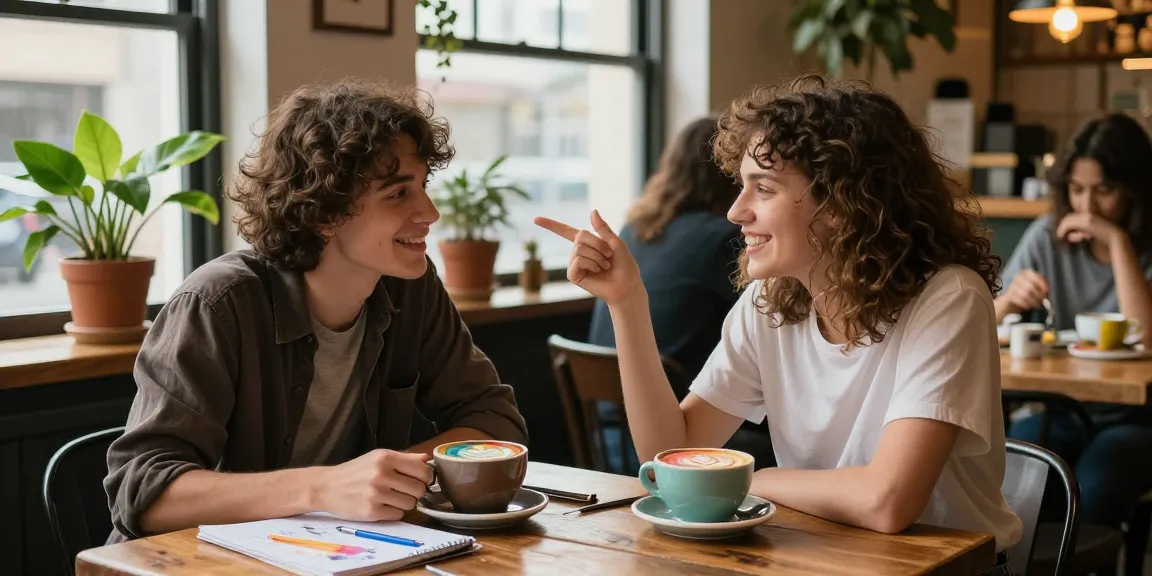 Two friends enjoying coffee while discussing a crush on someone in a cozy cafe.