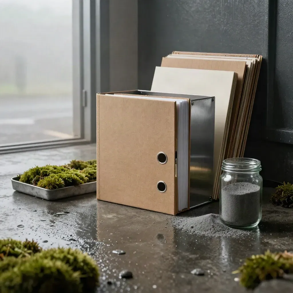 Miljööversyn med pärm, sorteringskärl, materialprover, mossa och glasburk i fuktigt morgonljus