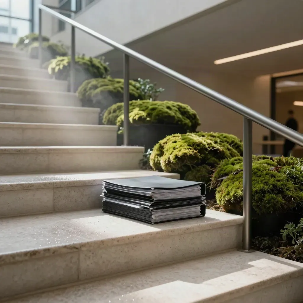 Stockholms atrium med mossplanteringar, stentrappa och auditfiler i regnfrisk morgon.