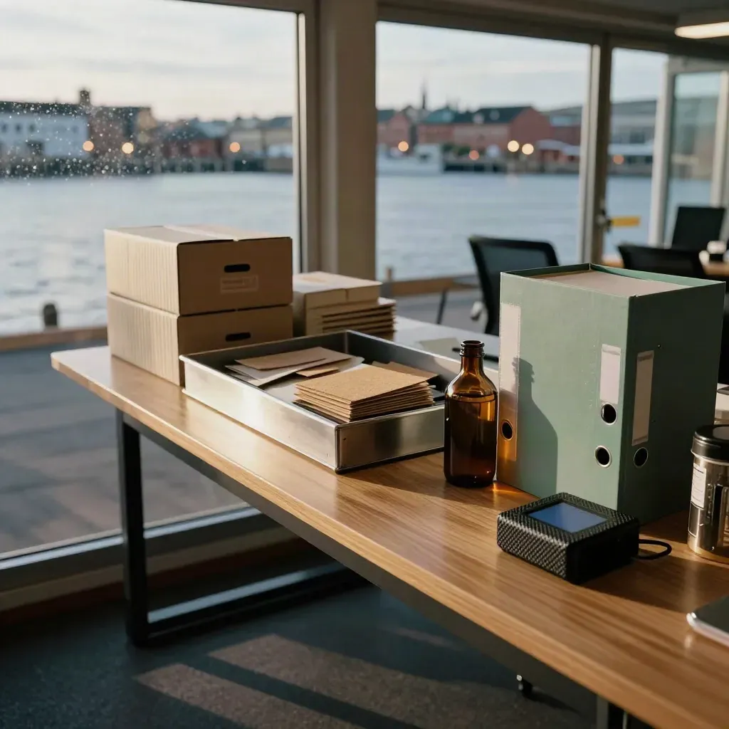 Hamnkontor med provmaterial, kartonger och mörkt vatten utanför stora fönster.