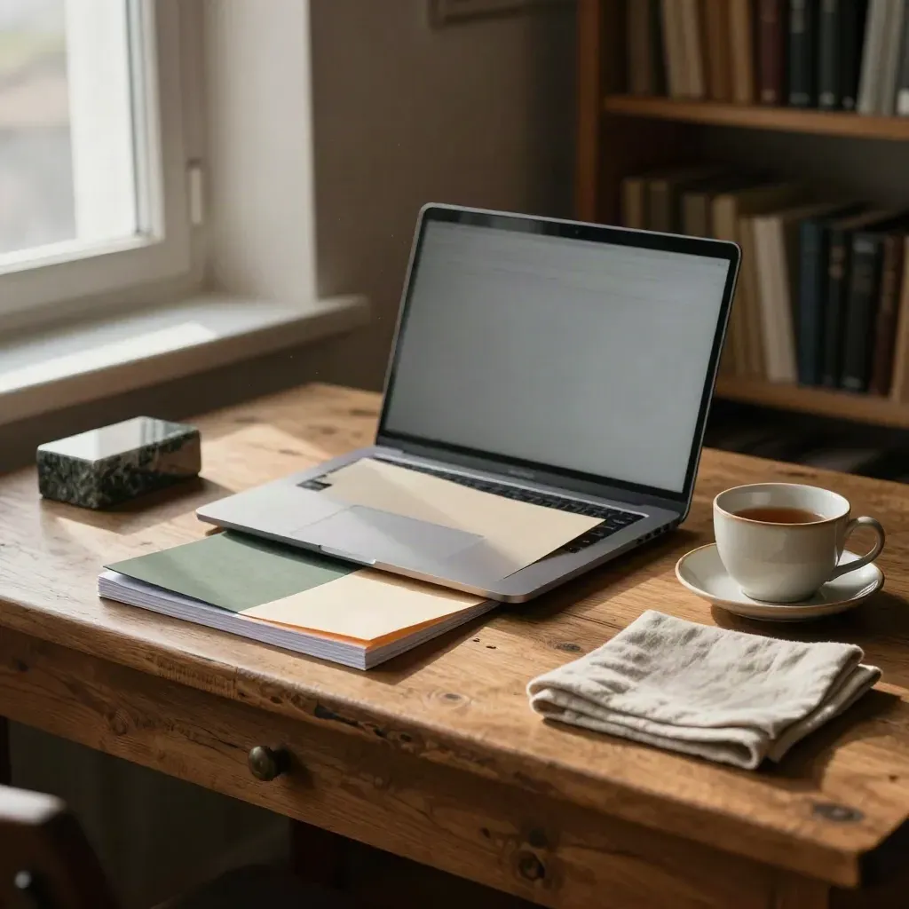 Rapportmaterial på slitet träbord med laptop, mappar, stenpappervikt och tekopp i varmt morgonljus.