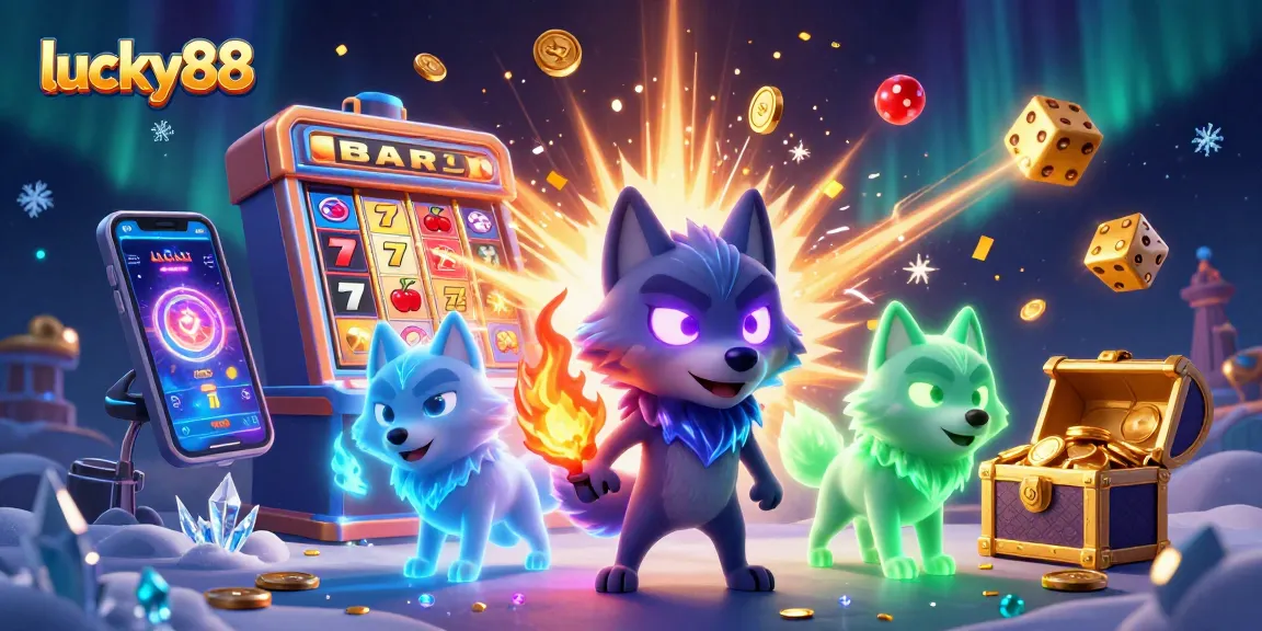 Experience thrilling wins with lucky88 as shadow wolves surround bursting slot jackpots and glowing dice.