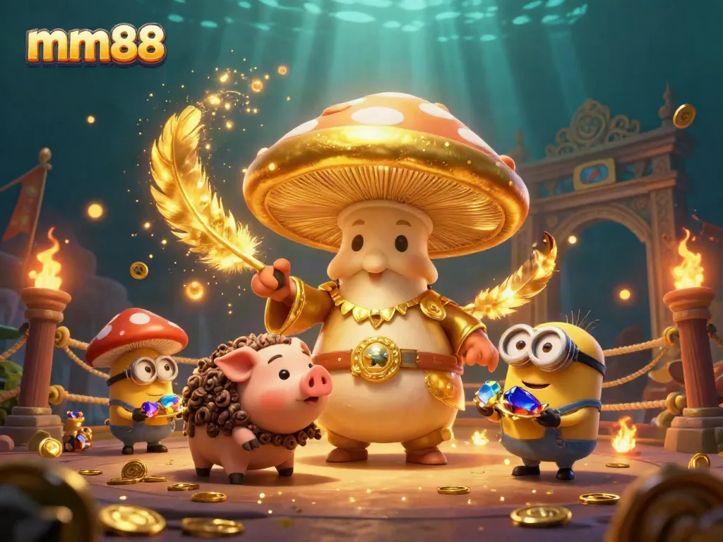 Experience mm88's rich fantasy world with a golden mushroom wizard casting magical gold in a vibrant casino setting.