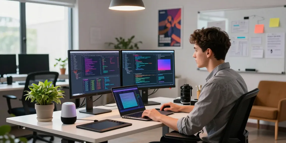 Engaging workspace scene showcasing the WPS Official Website's software development environment, featuring dual monitors and vibrant atmosphere.