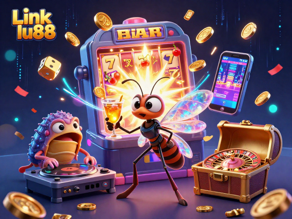 Win big with Link lu88: dynamic 3D casino scene with lively characters and game elements.