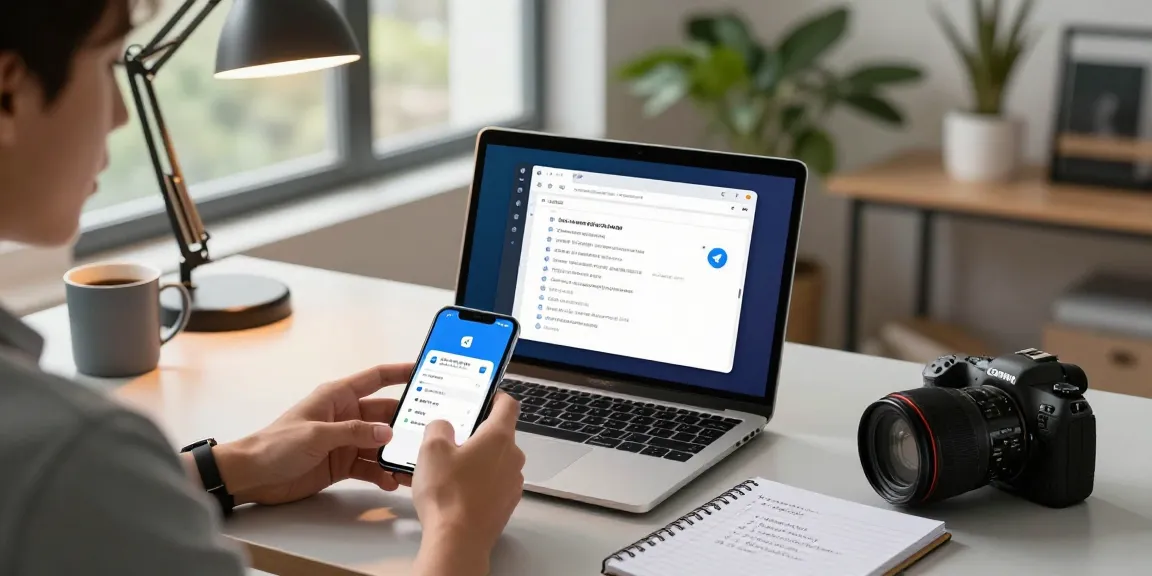 Setting up Telegram Chinese interface in a modern tech workspace with a laptop and smartphone.