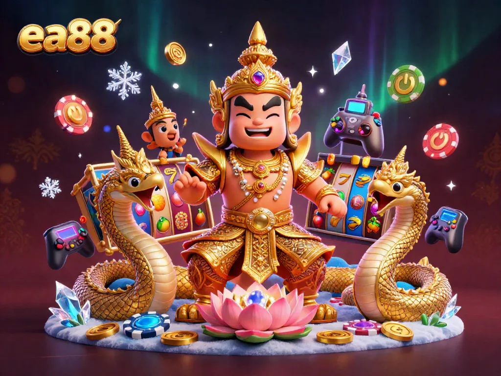 Experience the excitement of ea88 casino with a dynamic 3D scene featuring colorful slot reels and a friendly yaksha guardian.
